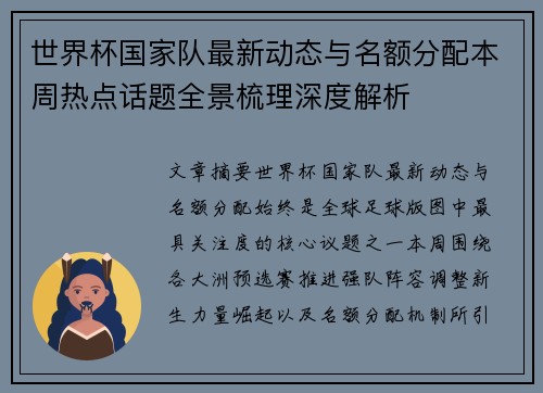 世界杯国家队最新动态与名额分配本周热点话题全景梳理深度解析